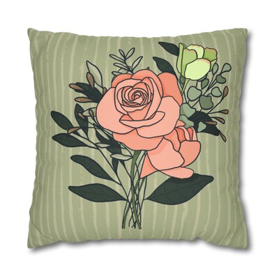 Peach Rose Bouquet Celery Striped Square Pillow CASE ONLY, 4 sizes available, Floral throw pillow, Farmhouse Country Decor - image4